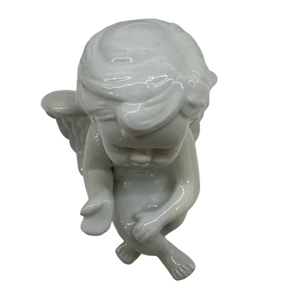 Vintage Ceramic Cherub Sitting Figurine White Porcelain Cupid Angel Statue Vtg
